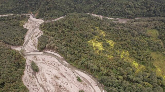 Aerial view of the  Rio Cosanga, to this point  is impeded by a geological fault and there is an extensive gravel and boulder floodplain. On the Amazonian slopes of the Andes in Ecuador