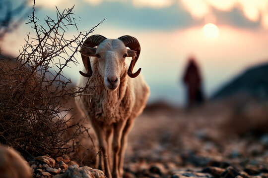 Ram standing by a thorn bush on a rocky mountain path. Biblical concept of Abraham and Isaac with father and son blurred in the background at sunset. Substitute sacrifice religious 