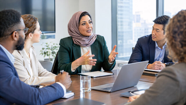 Middle Eastern woman asserting voice in team meeting