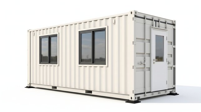 Prefabricated shipping container office with windows and door.
