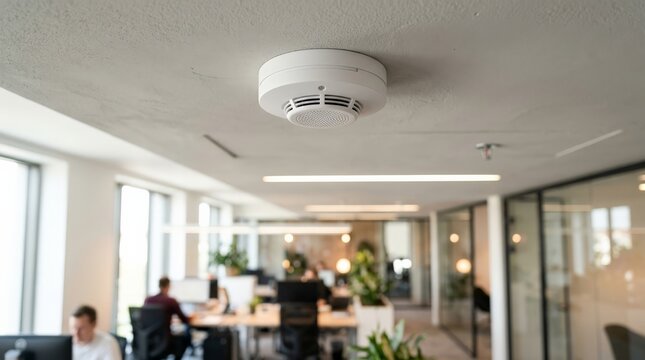 A close up view of a white smoke detector mounted on the concrete ceiling of a modern open plan office with employees working at desks in the background during daytime