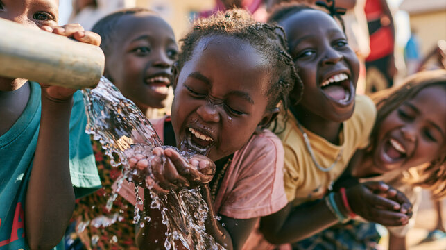 Happy African children drink clean water from public water pump. Drought, freshwater scarcity, shortage of drinking water concept. Close-up shot for charity campaign and social development promotion