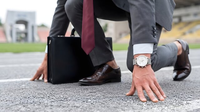 Businessman in a suit ready to sprint on a running track with a briefcase