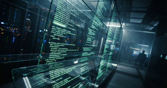 IT engineer interacting with holographic data interface in server room
