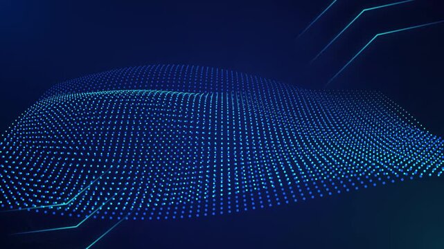 Blue Digital Data Grid Moving Wave Motion Graphic Background with Abstract Glowing Light Particles