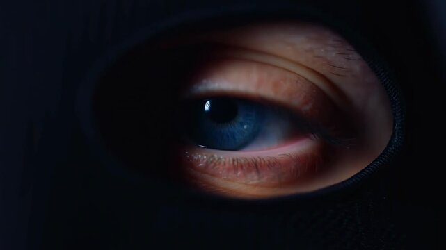 Blue human eye blinks through dark fabric in an extreme close-up, creating a mysterious direct gaze. Psychology education, privacy and security campaigns, and suspense film promotion.