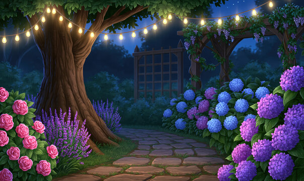 Garden scene night garden flagstone path glowing light flowering shrub blooming rose hydrangea flower purple flower lush foliage wooden arbor