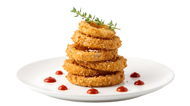 A delicious stack of crispy golden onion rings on a white plate presented as a high quality png image