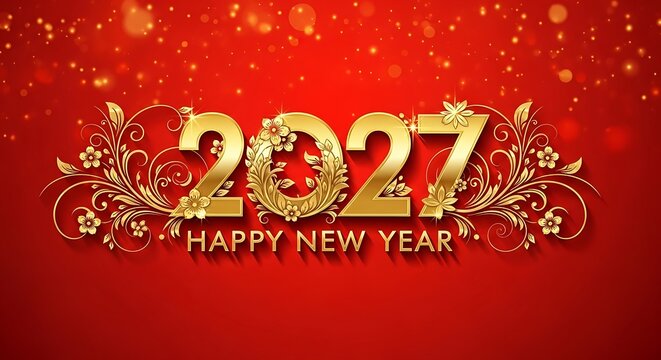 Happy new year 2027 celebration with golden decorative text and floral patterns on red background