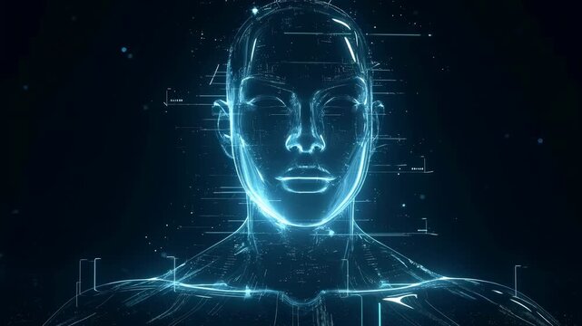 Glowing wireframe human face scans in a dark digital space. Artificial intelligence presentations, biometric security advertising, and cybersecurity campaigns.