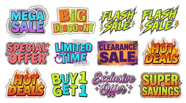 Y2k style ecommerce retail sale typography set,  Set of colorful sticker style sale labels with mega sale big discount flash sale special offer limited time clearance hot deals buy one get one free.