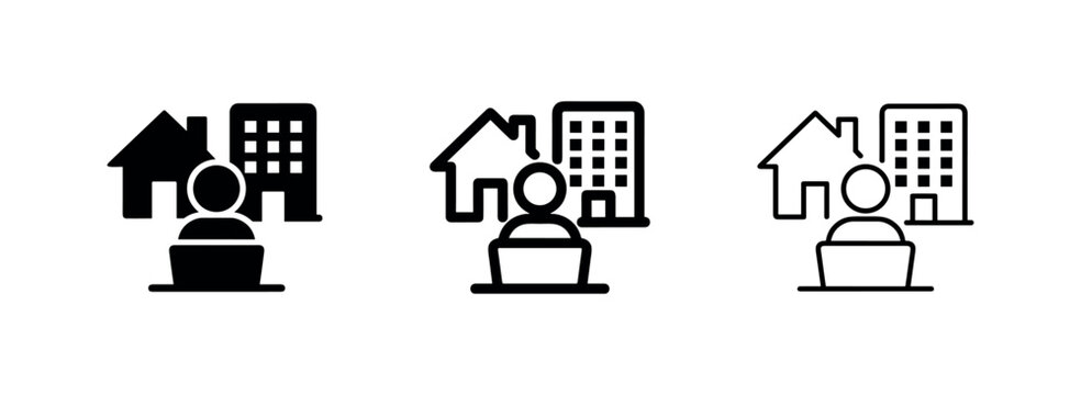 Remote work icon with person, laptop, house, and office building, representing hybrid work model