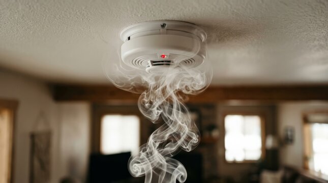 A close up view of a white smoke detector mounted on a ceiling as delicate wisps of grey smoke swirl upward toward the safety device in a blurred indoor residential living space