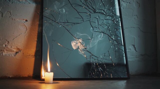 Sending thin smoke rings, lit white candle forming curling swirls over cracked mirror in dim corner
