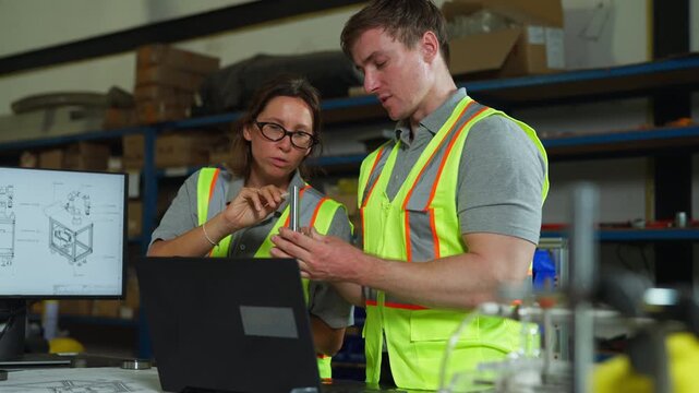 Caucasian man and woman technicians using a vernier caliper and ruler for precision measurement. Professional contractors inspecting manufacturing equipment in a factory workshop.