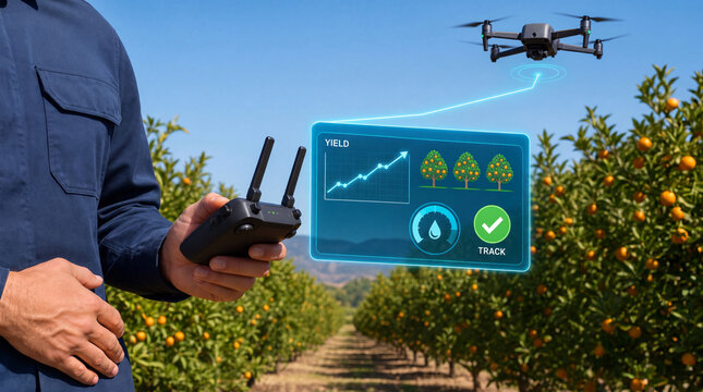 Farmer guiding a drone over an orange orchard with a controller