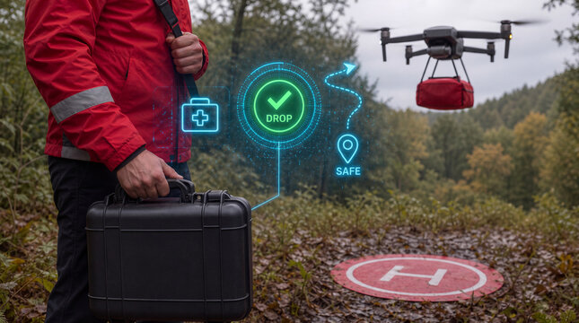 Rescue worker beside a drone delivering aid in a forest clearing