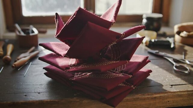 Pulling back camera, burgundy fabric stack shifting into peaks on bench, showing gold leaf stitch