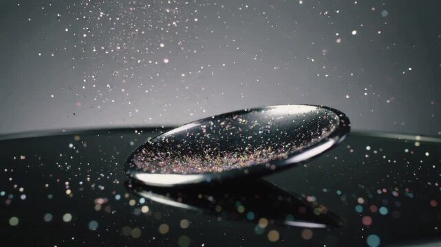 Holding small chrome dish collecting falling glitter from offframe hand on glossy black table