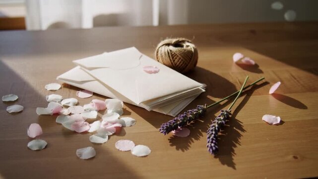 Curtain breeze sending pastel petals to pale envelopes at home table, gathering near lavender