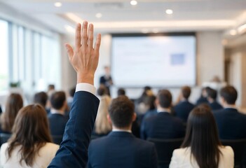 Fototapeta premium Professional person raising hand during a business conference, representing participation, questions, communication, leadership, audience engagement, education, discussion, decision making, and teamwo
