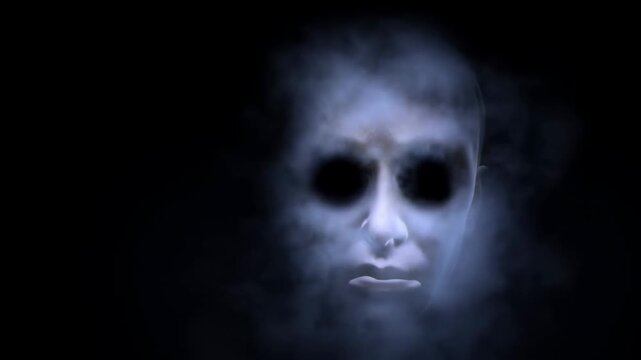 Ghostly face apparition emerging from blue-gray mist in a black void. Horror film atmosphere, supernatural storytelling, and halloween promotion.