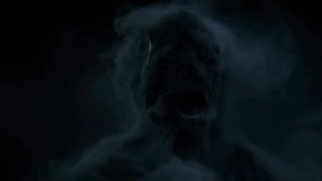 Smoke apparition emerging through swirling haze in a dark atmospheric space. Horror film trailer, paranormal storytelling, and scary game design.