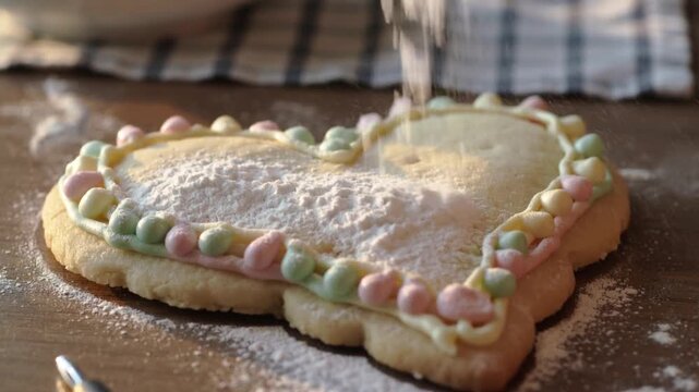 Sifting powdered sugar from overhead sifter dusting heart cookie on wooden counter, finishing touch