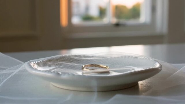 Drifting sheer tulle, carried by window breeze, revealing gold wedding band on small dish at sill