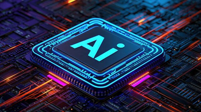 Artificial intelligence chip glowing neon microchip futuristic circuit board digital technology concept blue pink light 3d render processor data network machine learning high tech electronic board