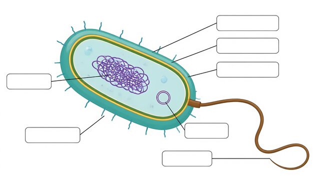 2D vector diagram of bacteria cell structure cross section with blank label boxes, educational microbiology worksheet template