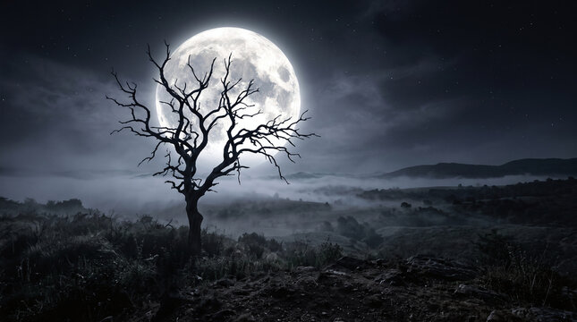 Stark dead tree silhouette against a giant full moon and night fog
