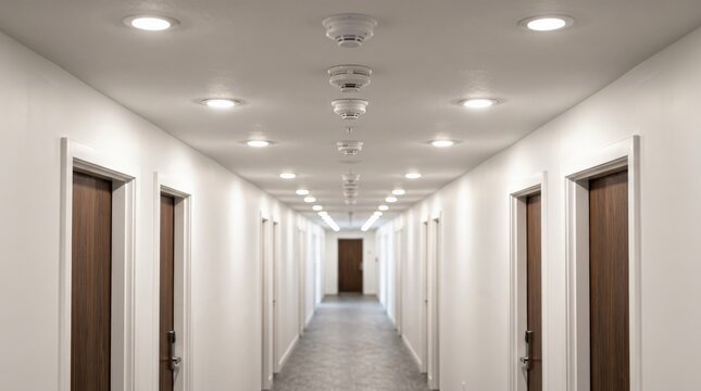 A long hotel corridor features rows of doors on both sides and a smoke detector mounted on the white ceiling, illuminated by recessed lighting leading toward the back door