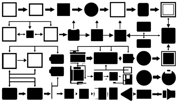 Abstract Flowchart Elements, Process Diagrams, and Workflow Shapes Set. Vector Icons for Business Logic, System Design, and Data Flow Visualization.