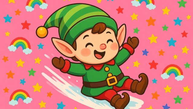Cheerful elf sliding joyfully.
