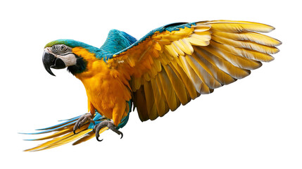 Blue and yellow macaw parrot flying with wings spread wide © Lysander