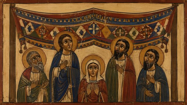 Medieval Christian icon depicting five haloed sacred figures beneath a richly patterned canopy