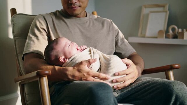 Responding to fussing, man in beige tee cradling swaddled infant in rocker at home, calming