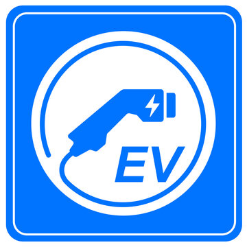 Electric vehicle symbol with a plug icon, EV, charging station logo for eco-friendly hybrid cars, eco-conscious vehicle concept Blue background.