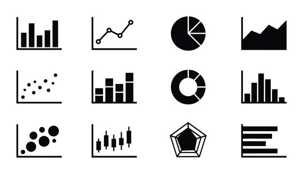 12 Black and White Data Visualization Icons, Vector Graphics Set: Bar Charts, Line Graphs, Pie Charts, Scatter Plots, Candlestick Charts, Radar Charts