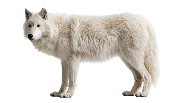 Majestic white arctic wolf standing in profile with thick fur and alert gaze
