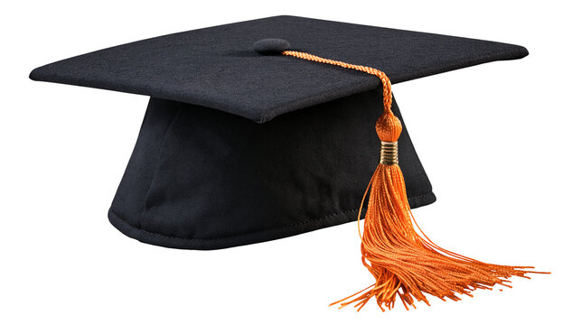 Black graduation cap with orange tassel for academic ceremony