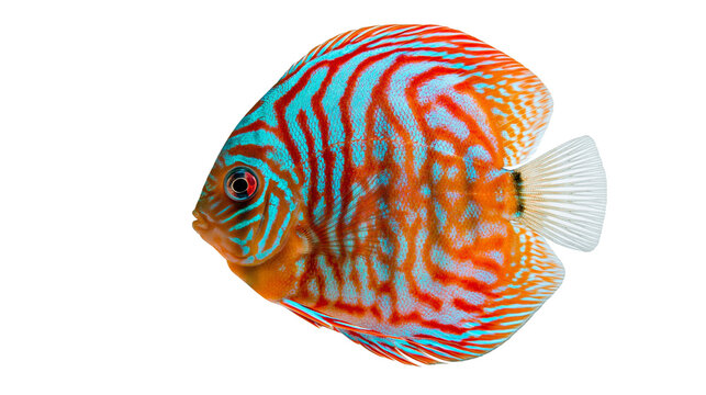 Vibrant orange and turquoise striped discus fish with translucent tail fin