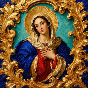 Christian devotional portrait of a sacred woman with golden halo and ornate baroque frame