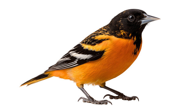 Baltimore oriole bird with vibrant orange and black plumage standing in profile