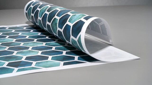 Unrolling curled edge, printed roll revealing teal hex pattern, white back on grey table for check