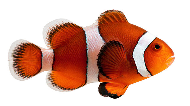 Vibrant orange clownfish with white vertical stripes and black fin edges
