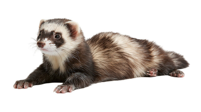 Full body portrait of a cute brown and white ferret lying down