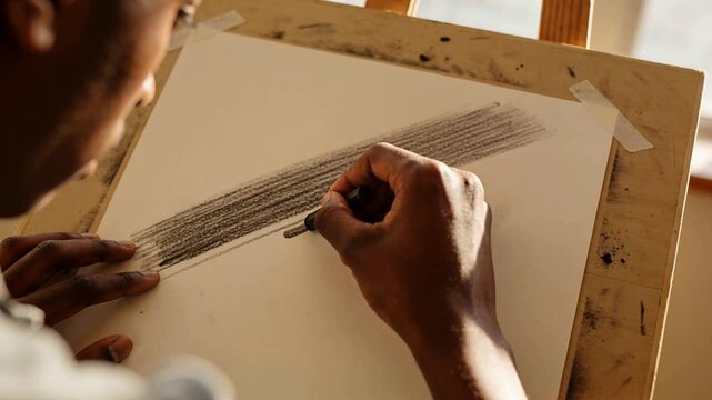 Placing charcoal, male-presenting artist shading taped sheet at easel near window, copy space