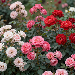 Fototapeta premium Roses in different colors bloom in a garden during the daytime. The flowers are surrounded by green leaves and create a vibrant display in spring Generative AI